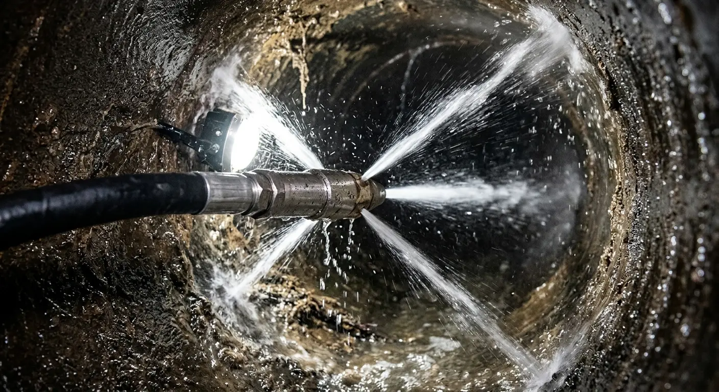 High-pressure hydro jetting nozzle cleaning sewer pipe for Sewer Line Relining in Hollywood