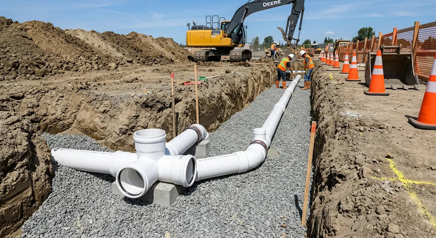 New PVC sewer pipe installation in open trench for Sewer Backup in Hollywood