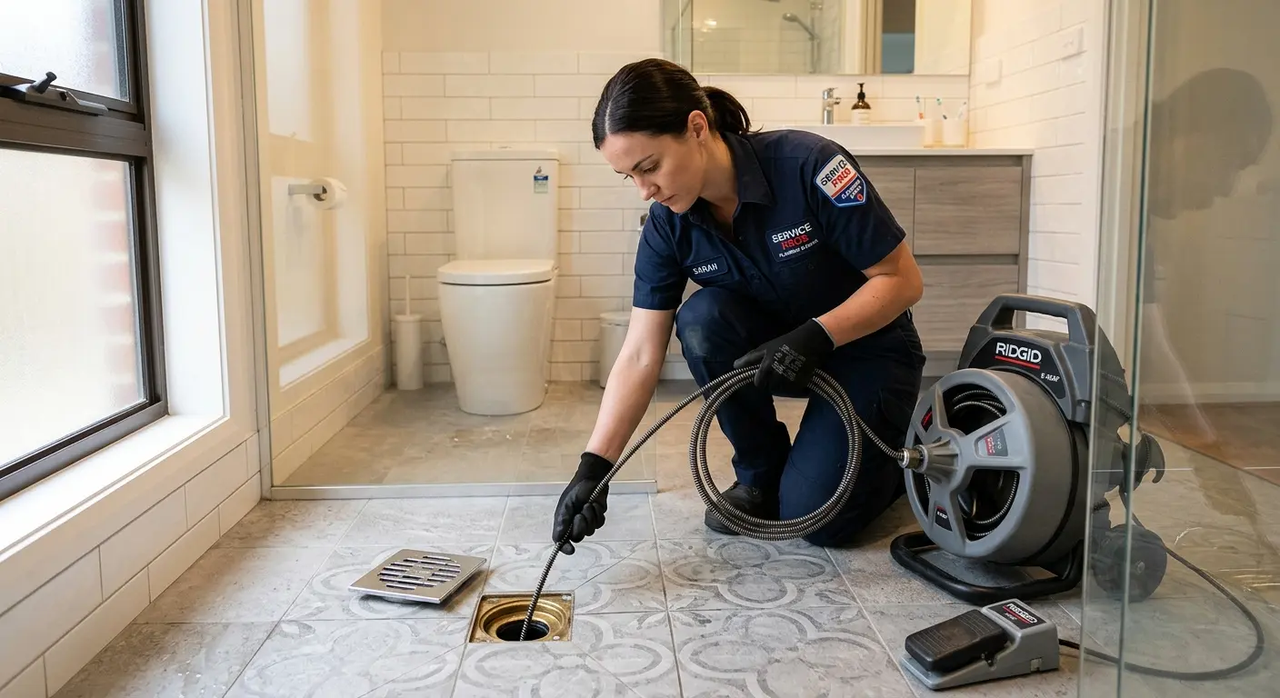 Technician clearing a bathroom floor drain for Drain Cleaning in Hollywood